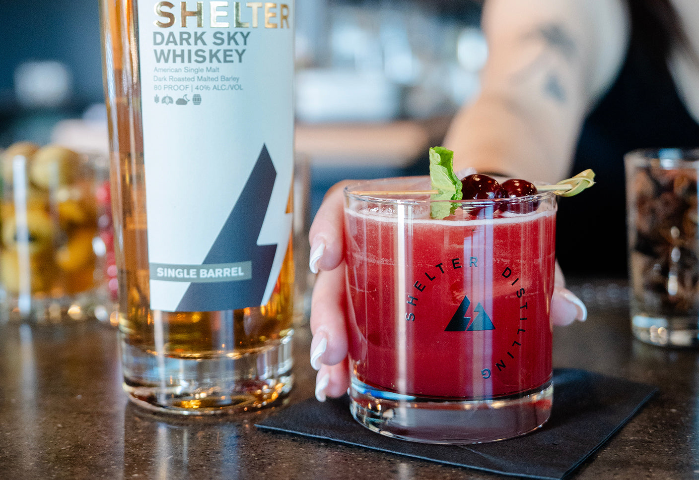 Specialty cocktail with Dark Sky Whiskey. Shelter Distilling Montrose.  Best Brewery and Distillery in Montrose
